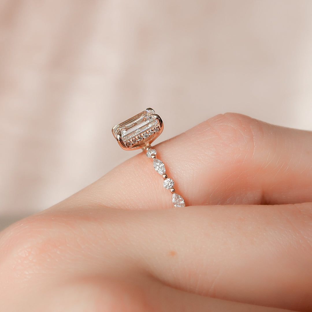 The Lyra Set With Emerald Side Stone Moissanite#material_14k-rose