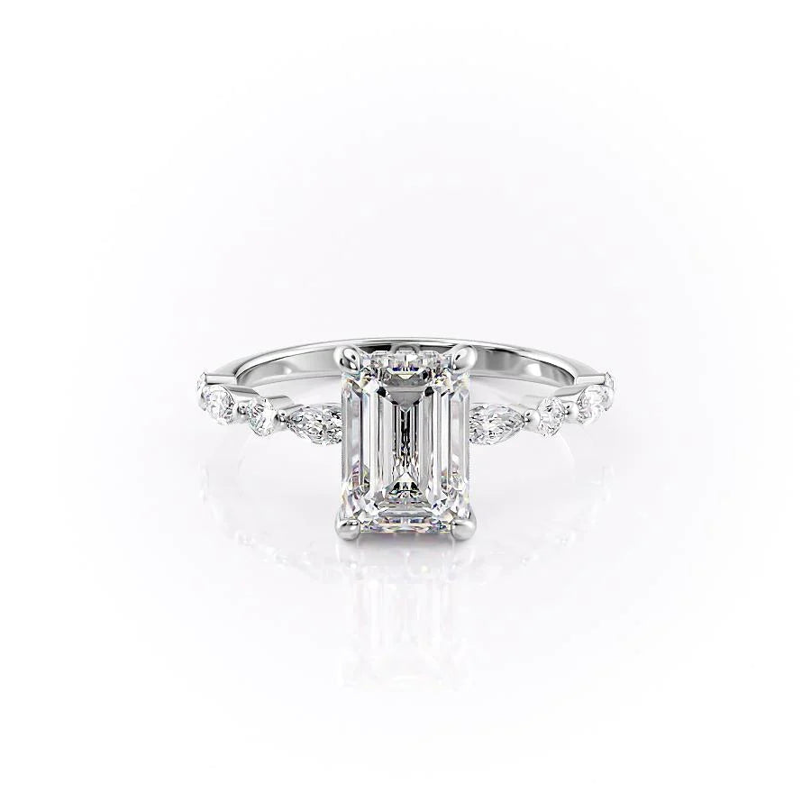 The Lyra Set With Emerald Side Stone Lab Diamond 1 Carat 14K White#material_white