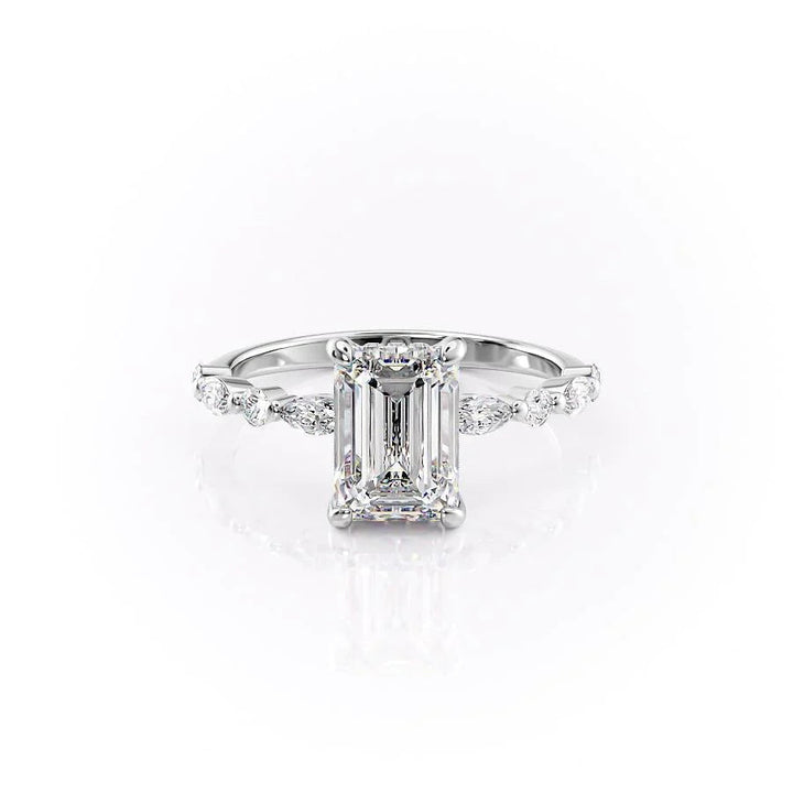 The Lyra Set With Emerald Side Stone Lab Diamond 1 Carat 14K White#material_white