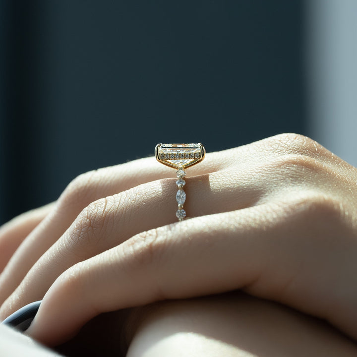 The Lyra Radiant Lab Diamond Moissanite Engagement Ring *Shown with 3 ct #material_gold