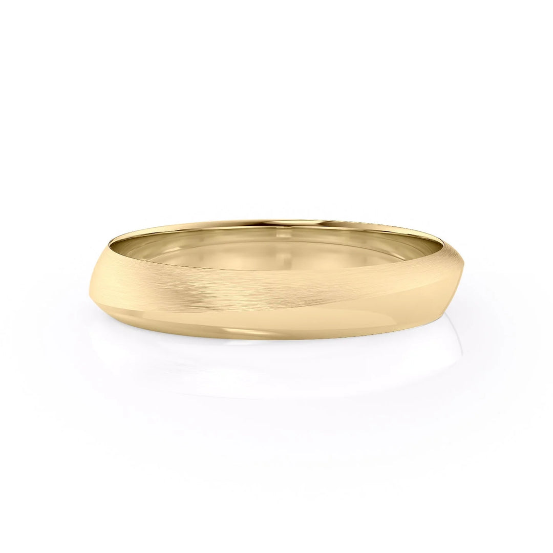 A yellow gold band ring with a brushed matte finish and gently rounded shoulders, shown on a clean white background with a soft reflection. #material_gold