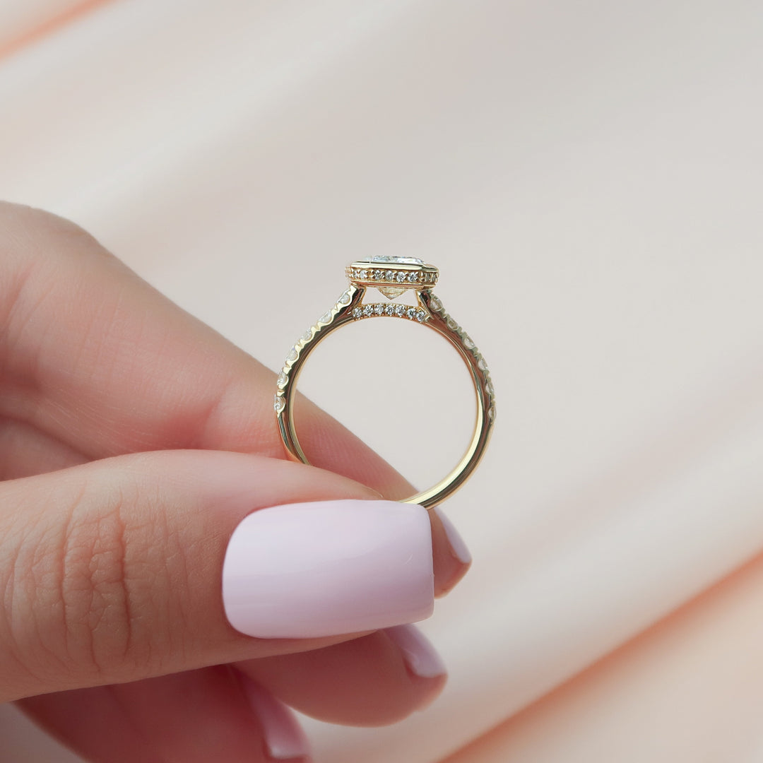 The Pave Christine Emerald Lab Diamond Moissanite Engagement Ring