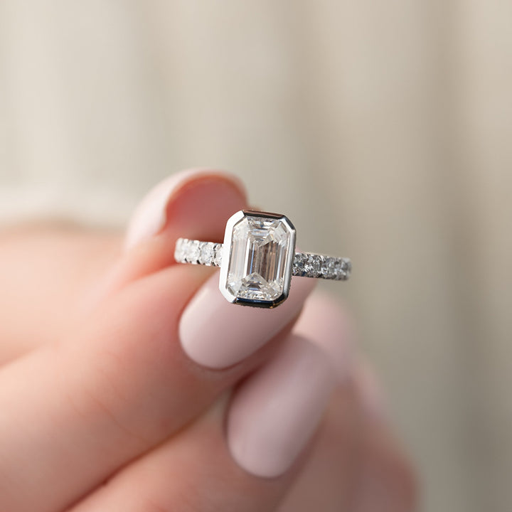 The Pave Christine Emerald Lab Diamond Moissanite Engagement Ring *Shown with 2 ct #material_white