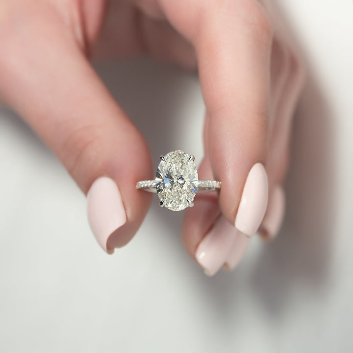 The Pave Crown Liberty Oval Lab Diamond Moissanite Engagement Ring *Shown with 4 ct #material_white