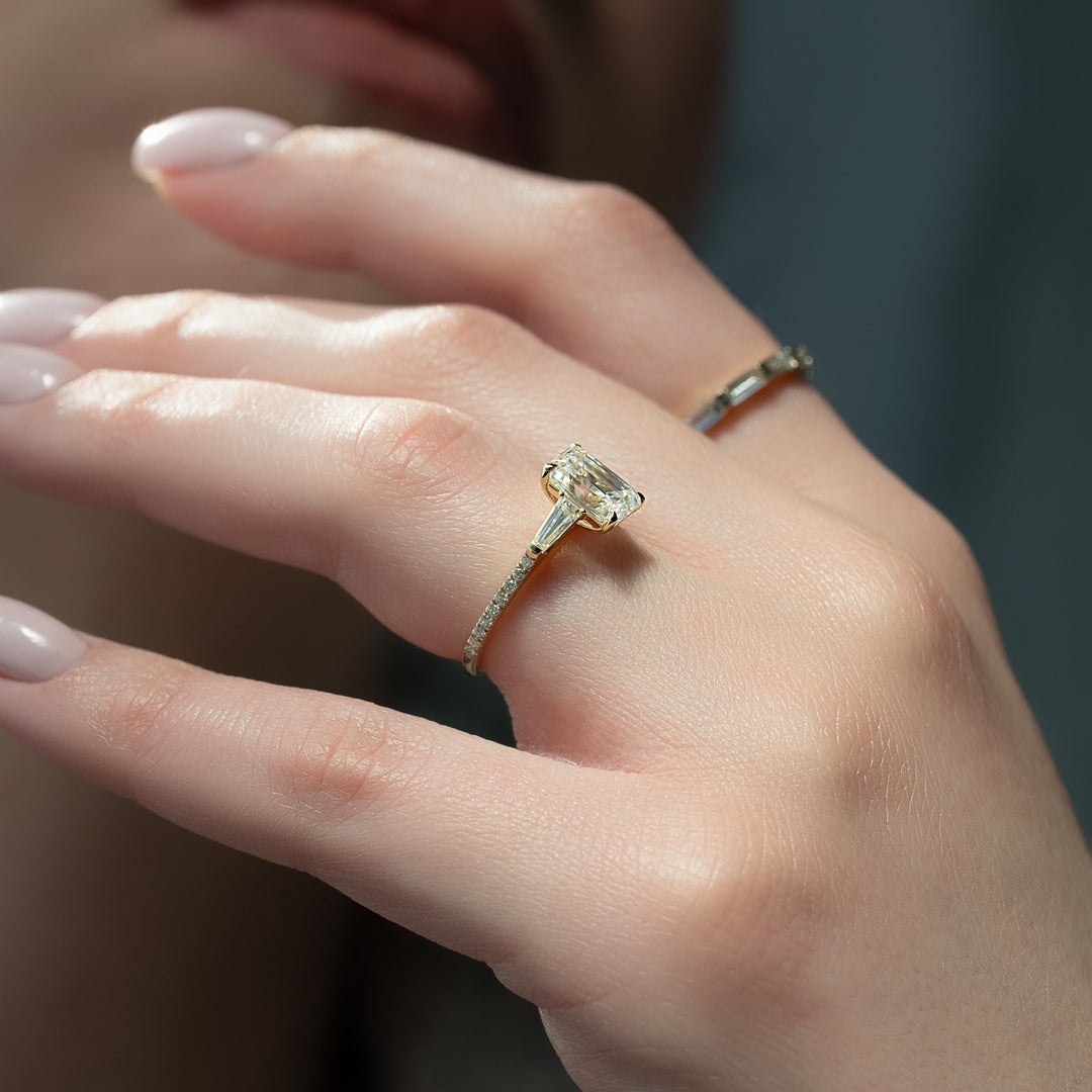 The Pave Leona Emerald Lab Diamond Moissanite Engagement Ring