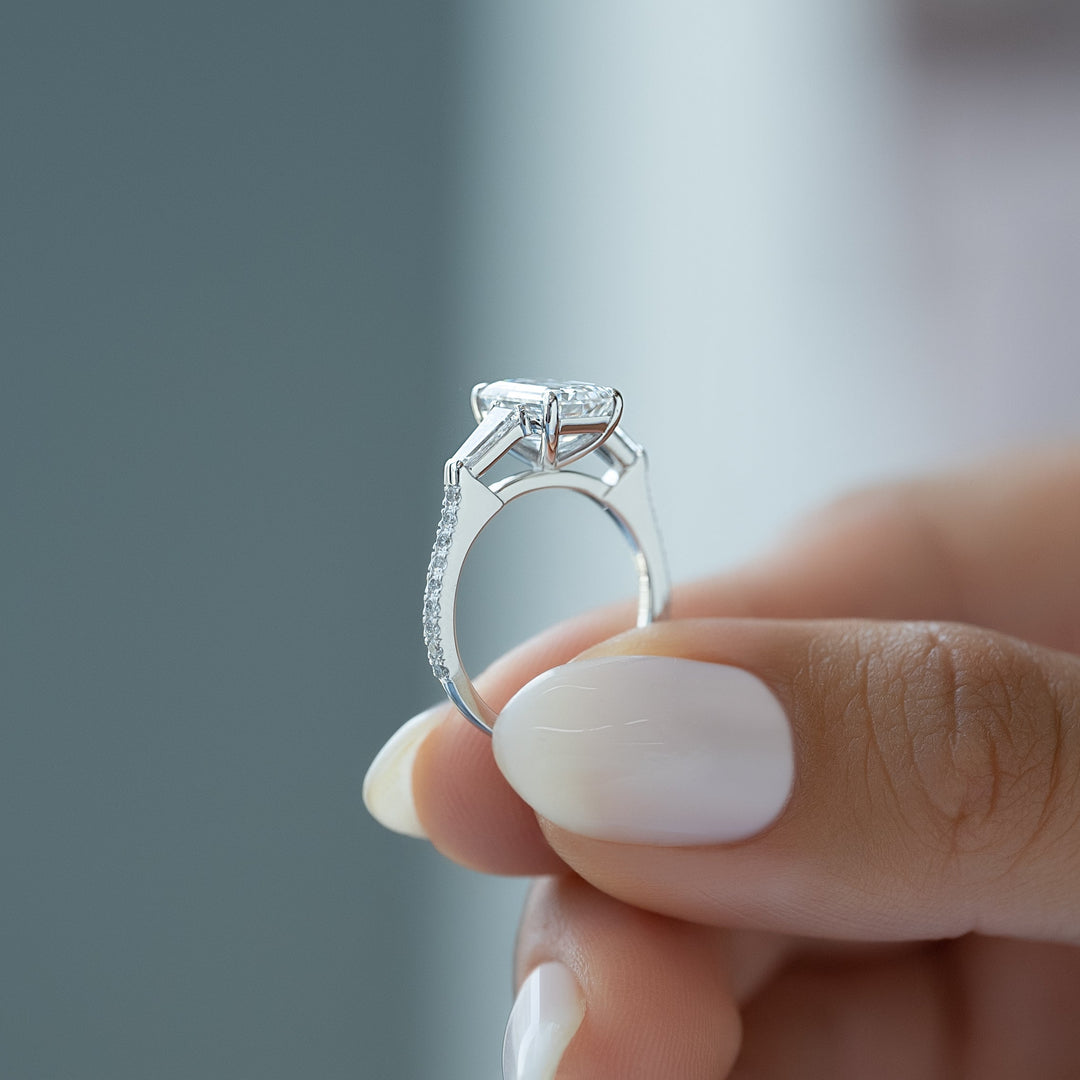 The Pave Leona Emerald Lab Diamond Moissanite Engagement Ring