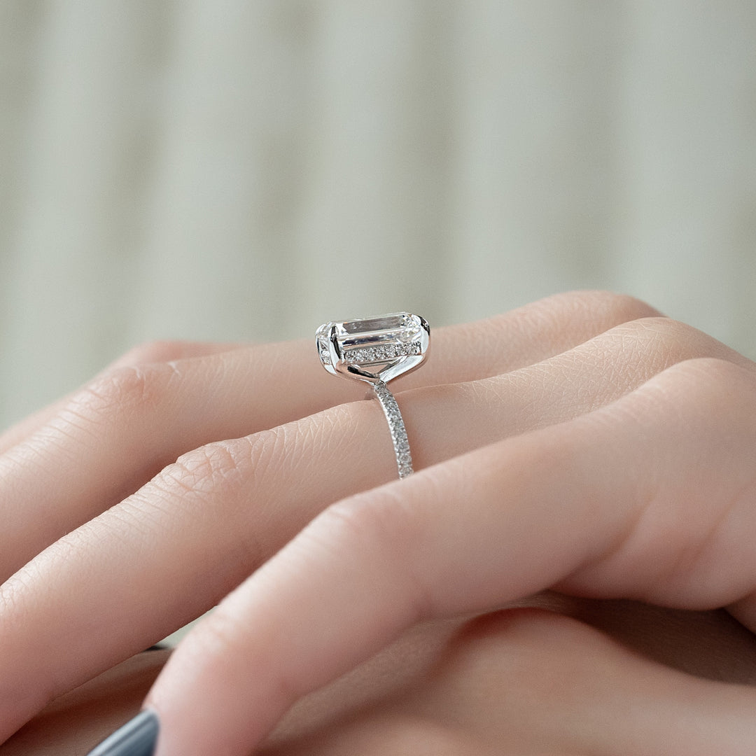 The Pave Liberty Emerald Lab Diamond Moissanite Engagement Ring