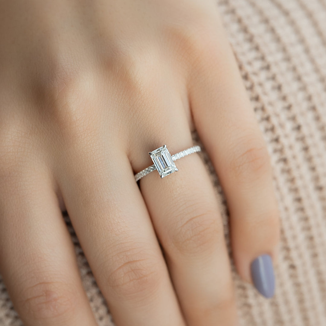 The Pave Liberty Emerald Lab Diamond Moissanite Engagement Ring