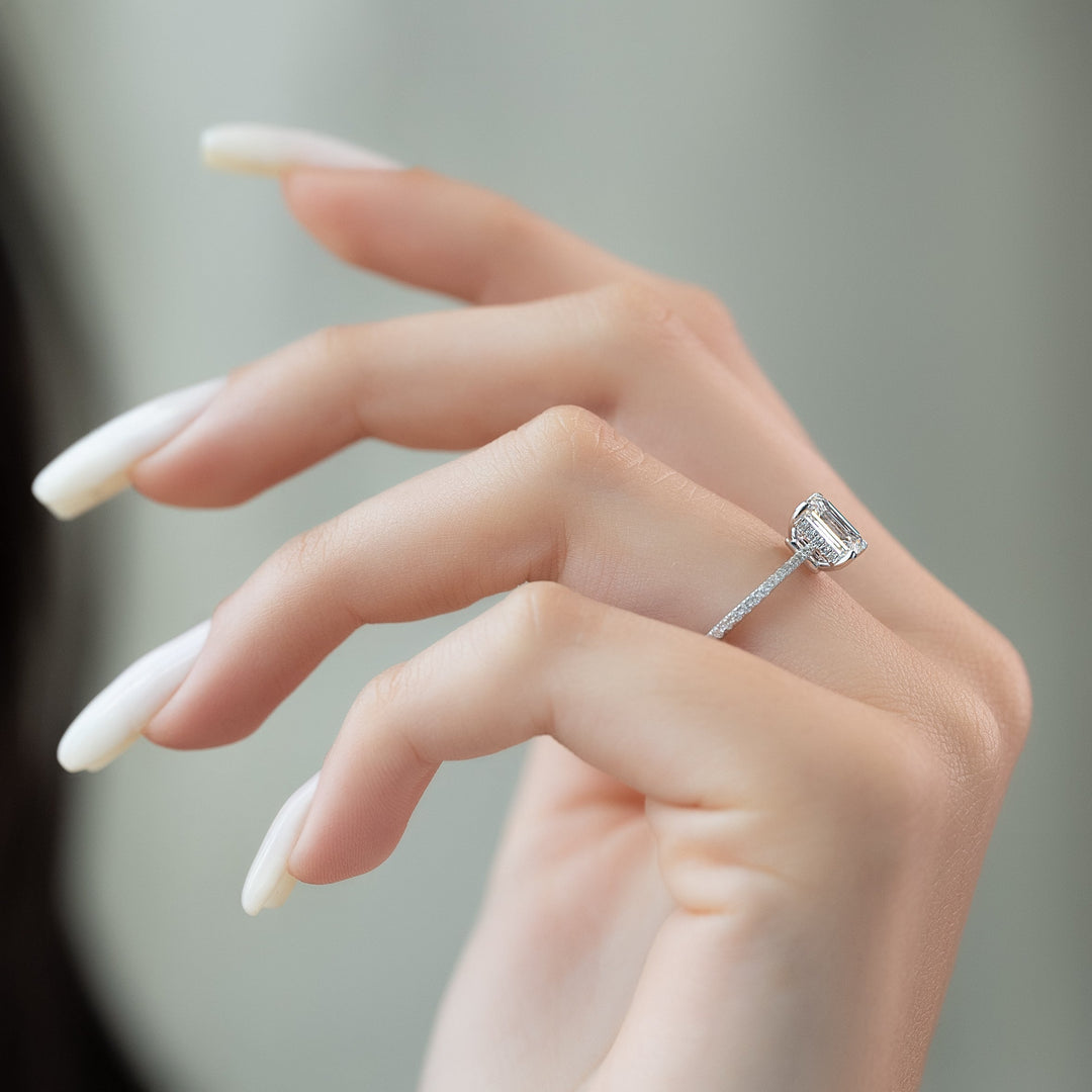 The Pave Mabel Emerald Lab Diamond Moissanite Engagement Ring