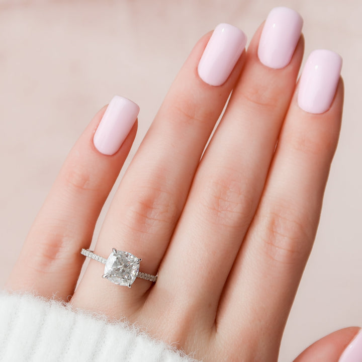 The Pave Natasha Cushion Lab Diamond Moissanite Engagement Ring *Shown with 3 ct #material_white