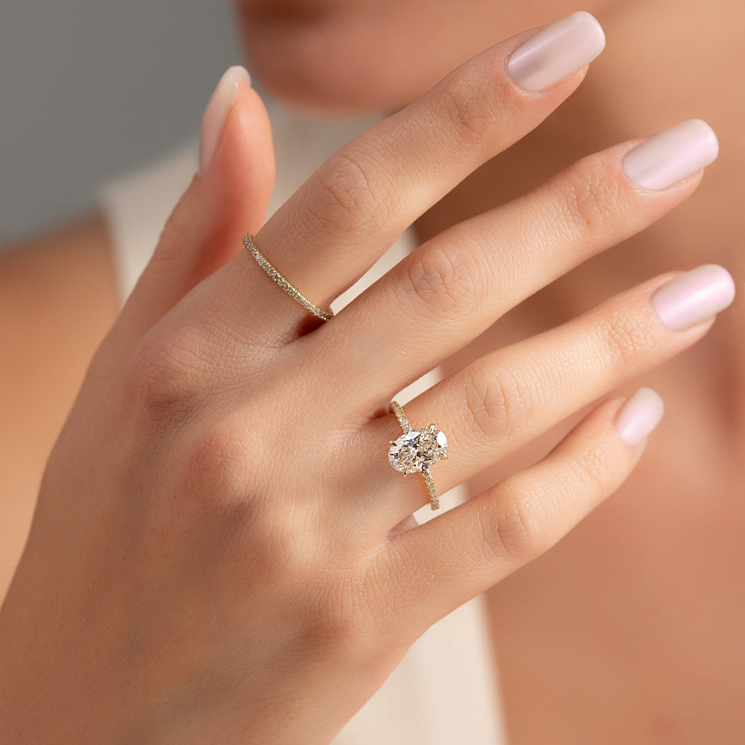 The Pave Navy Oval Lab Diamond Moissanite Engagement Ring