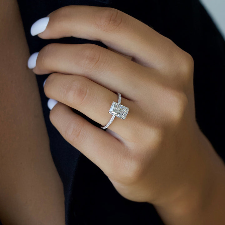The Pave Navy Radiant Lab Diamond Moissanite Engagement Ring *Shown with 2 ct #material_white