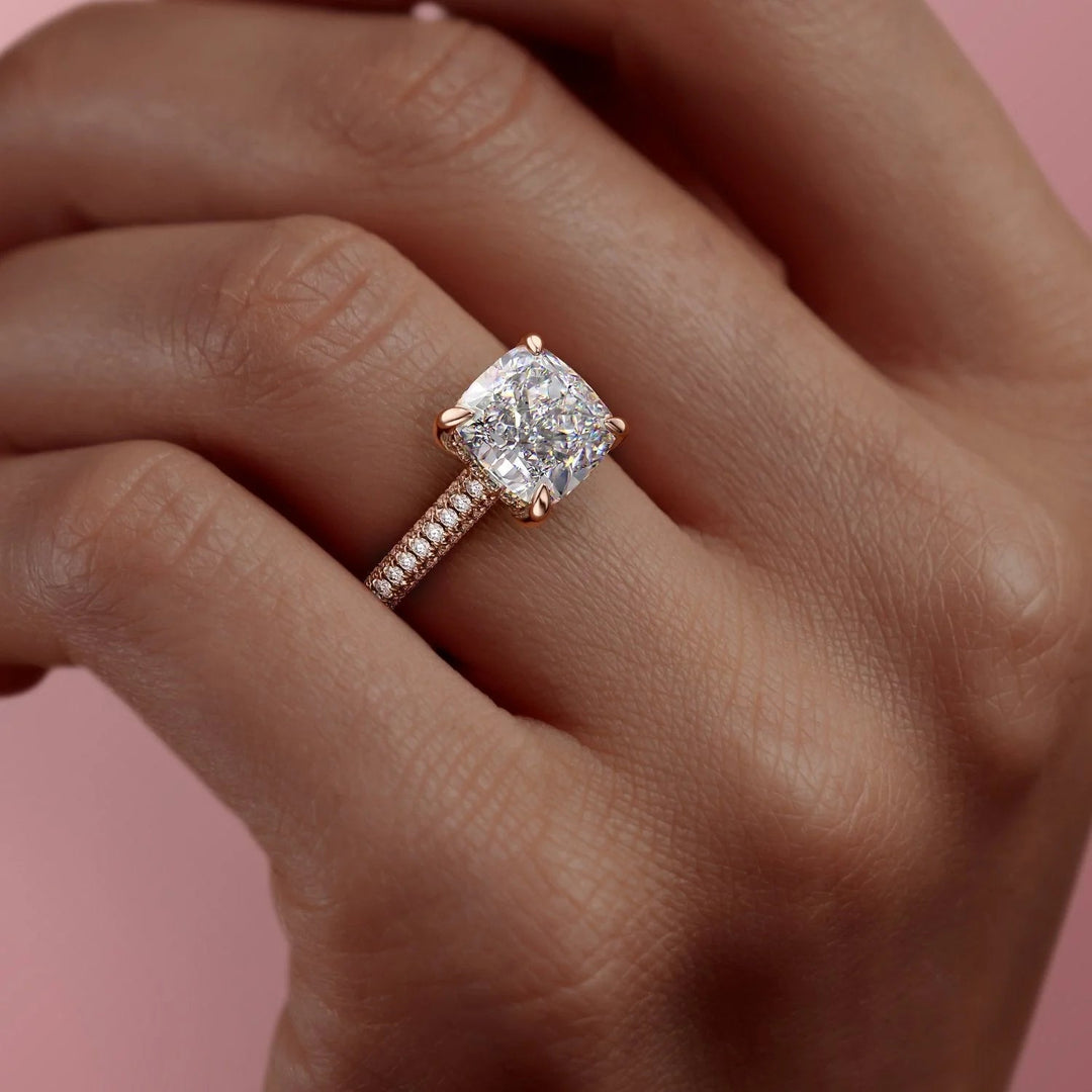 The Rosie Set With Cushion Pave Lab Diamond 3 Carat 14K Rose#material_14k-rose