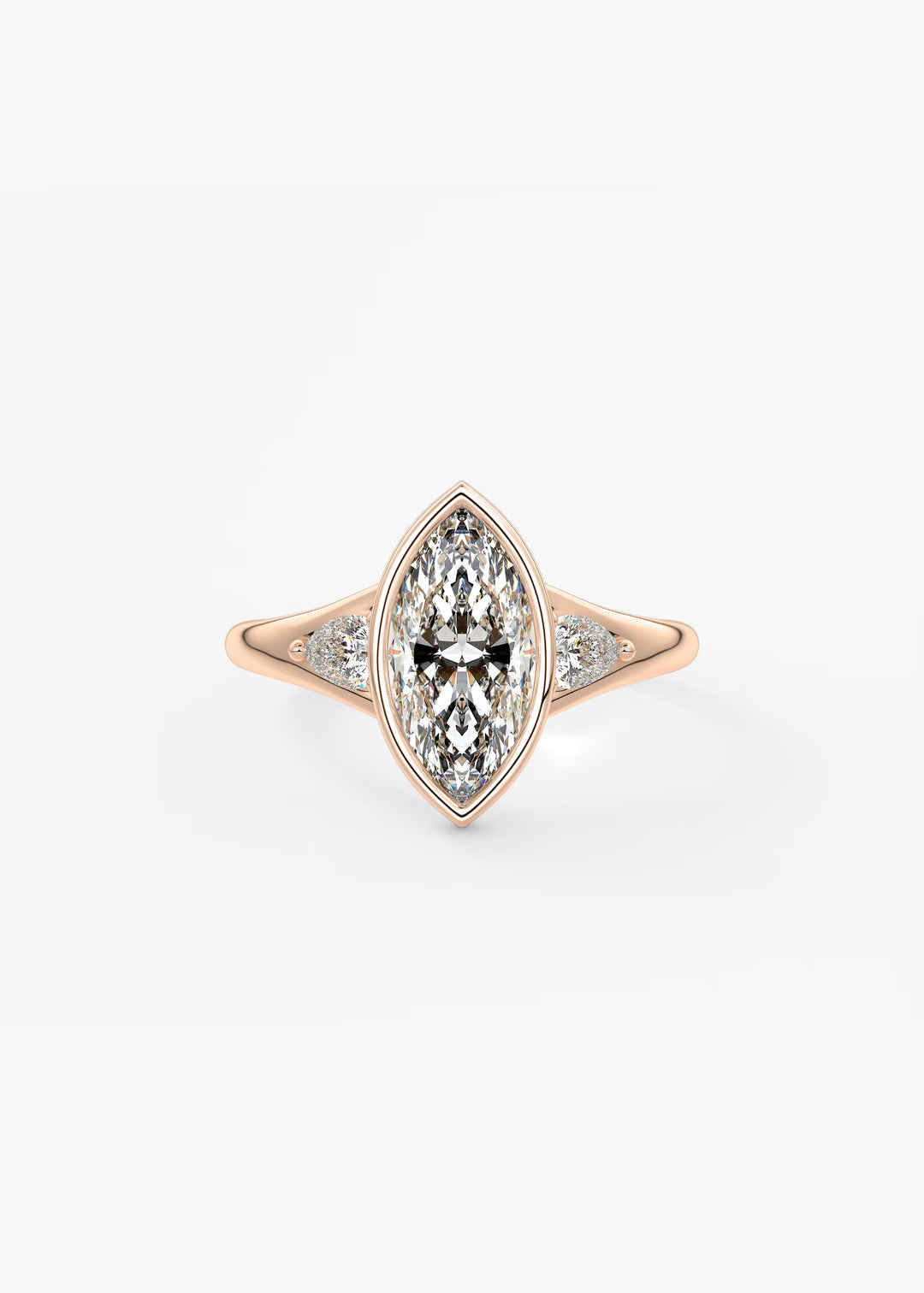 A rose gold ring featuring a marquise-cut diamond center stone with smaller diamonds set along the shoulders, shown on a clean white background.#material_rose