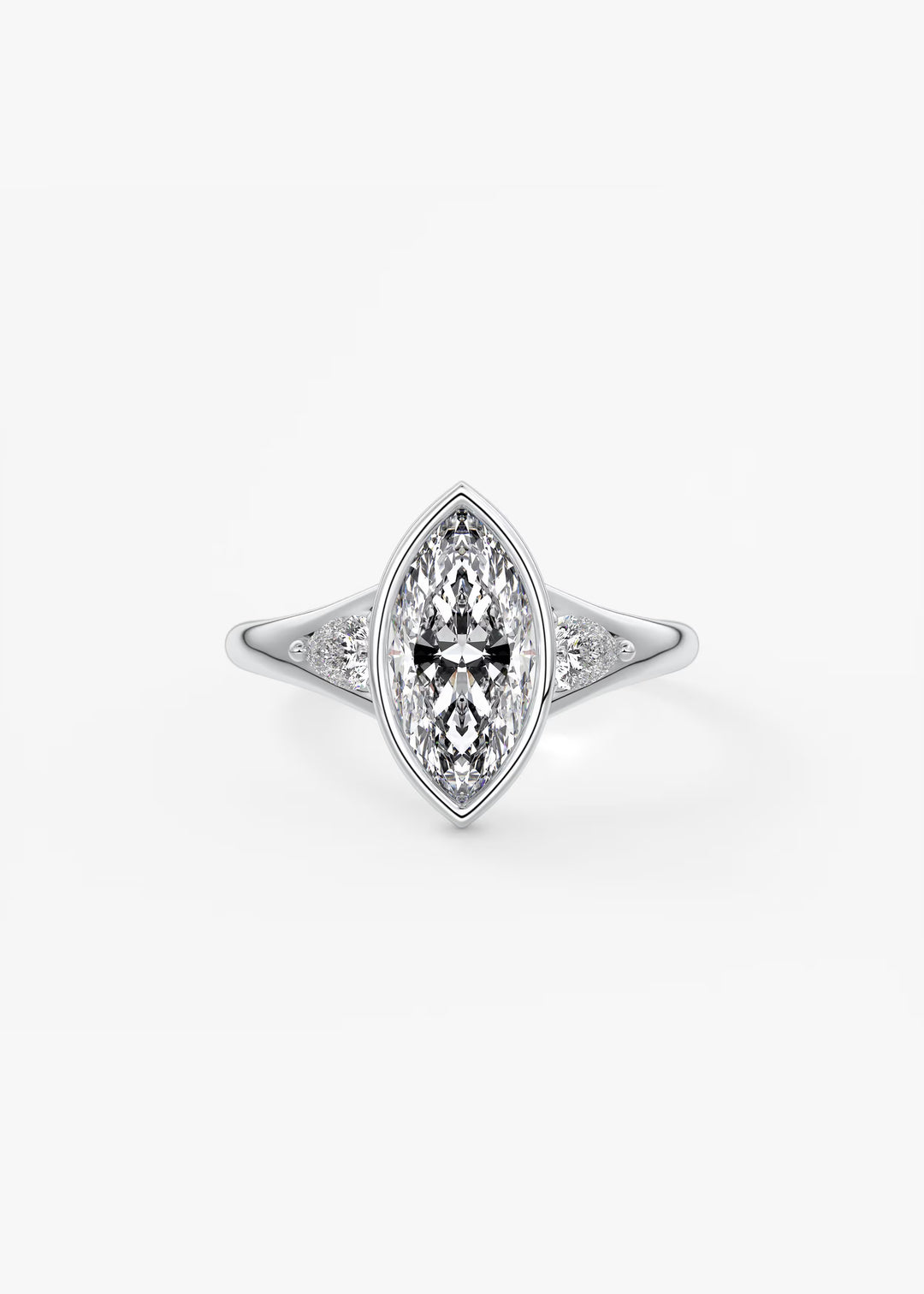 A silver-tone ring featuring a marquise-cut diamond center stone with smaller diamonds set along the shoulders, shown on a clean white background.#material_white