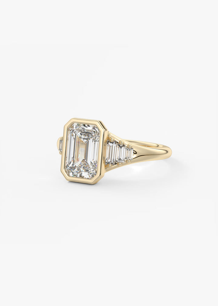 The Solene Bezel Set Emerald & Baguette Split Shank Engagement Ring#material_gold