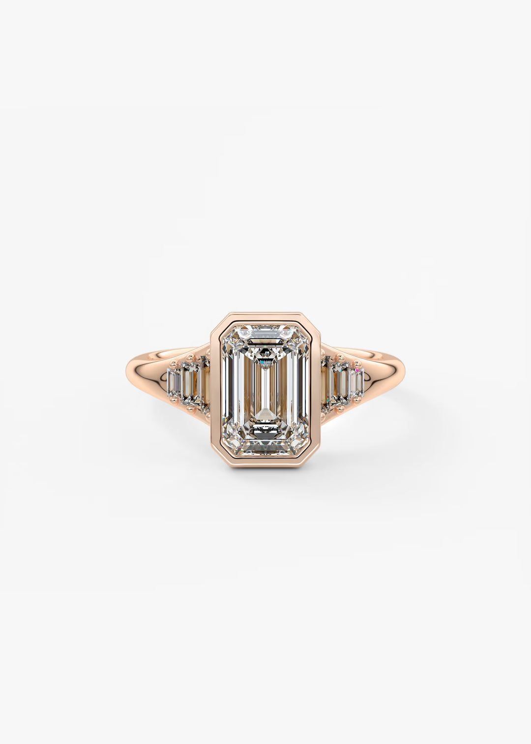Rose gold ring with emerald-cut diamond on a white background#material_rose