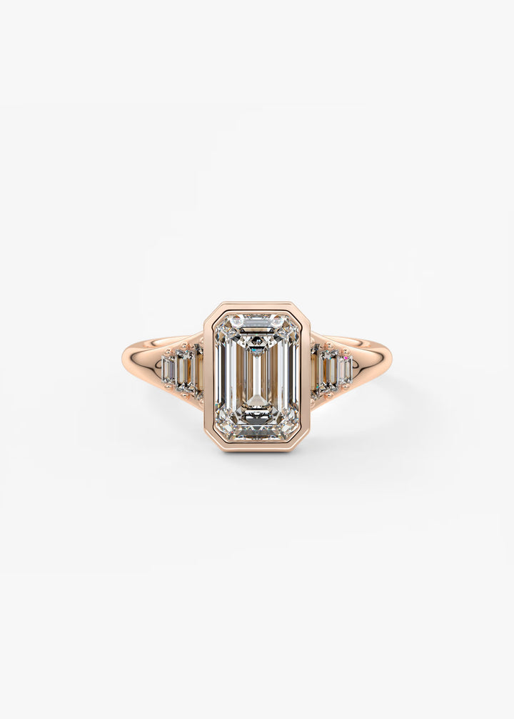 Rose gold ring with emerald-cut diamond on a white background#material_rose
