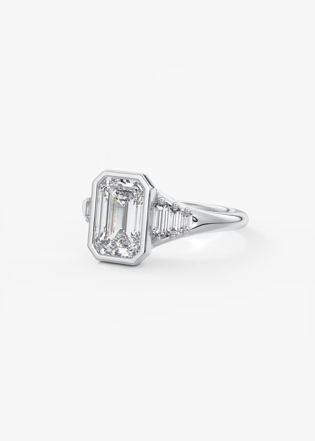 The Solene Bezel Set Emerald & Baguette Split Shank Engagement Ring#material_white