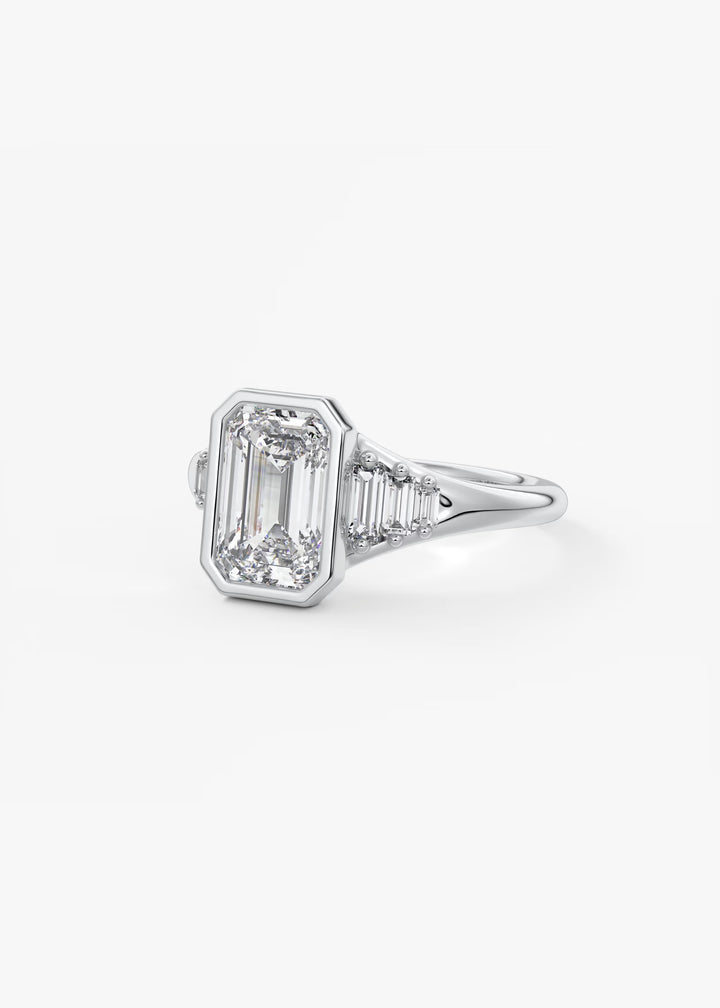The Solene Bezel Set Emerald & Baguette Split Shank Engagement Ring#material_white