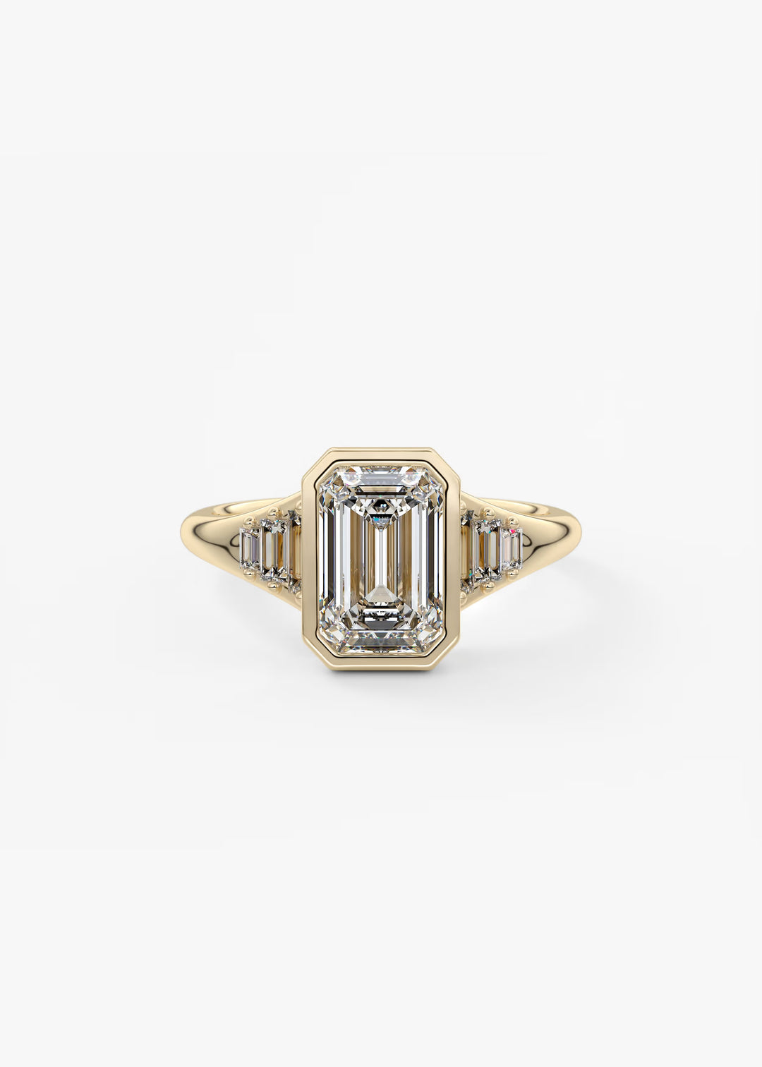 Rose gold ring with emerald-cut diamond on a white background#material_gold