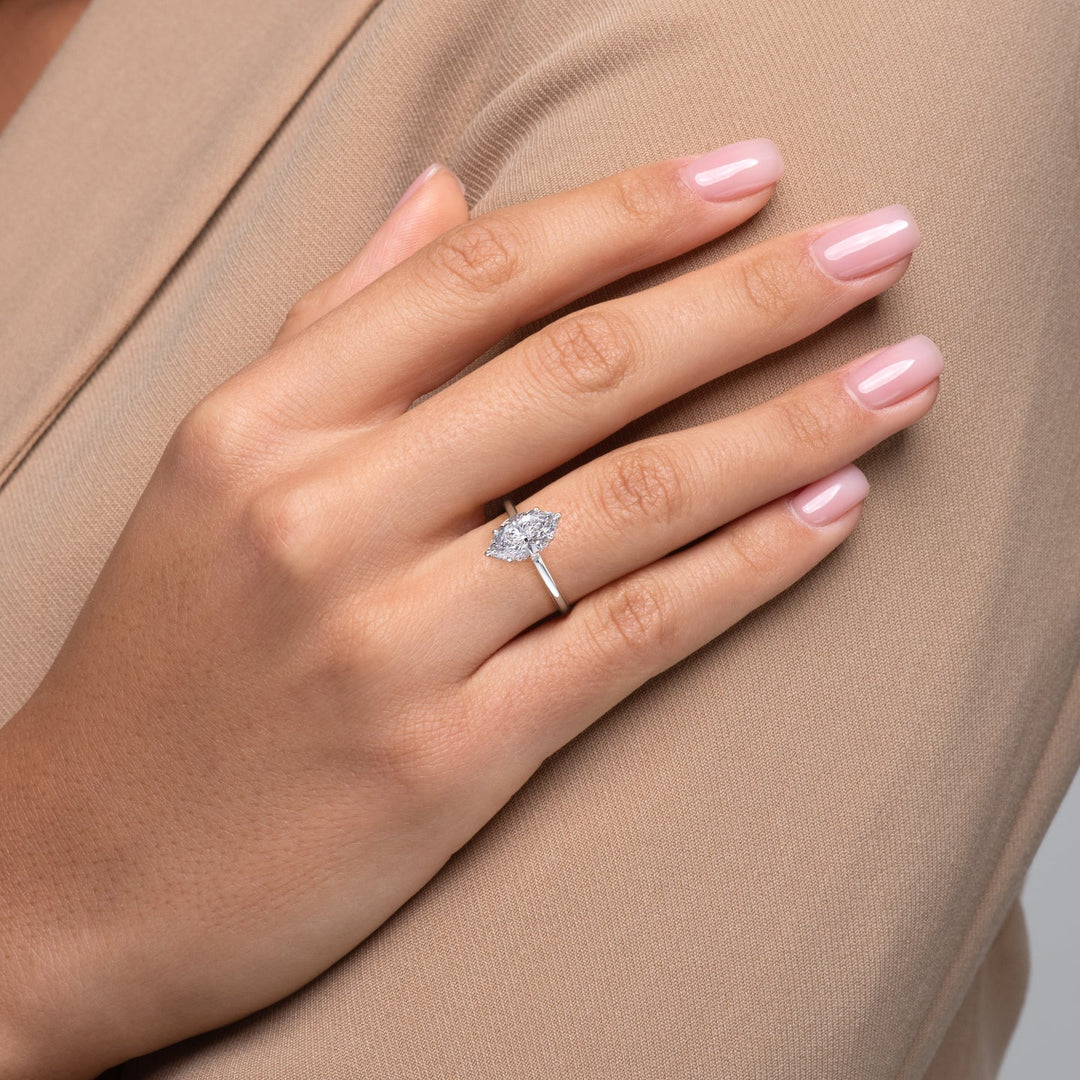 The Solitaire Phoebe Set With A Marquise Solitaire Moissanite 3 Carat 18K White#material_18k-white