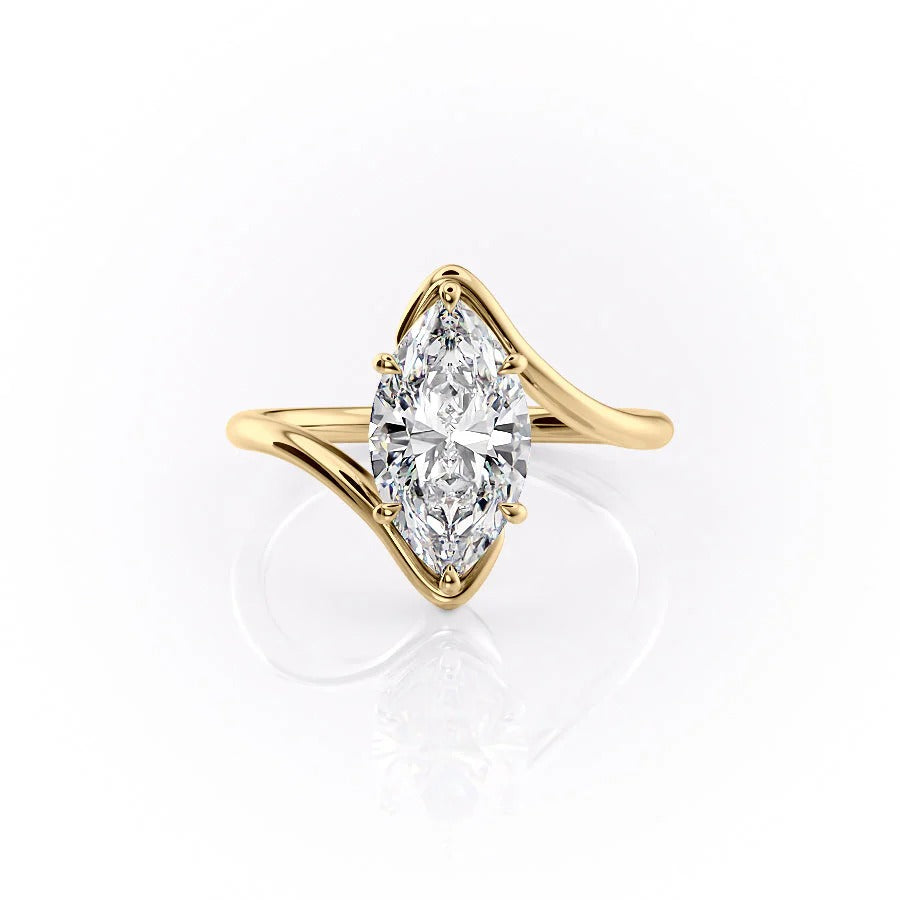 Gold ring with a marquise-shaped diamond on a white background #material_gold