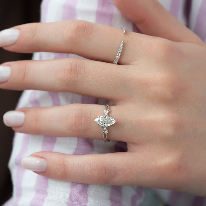 The Textured Coco Set With Marquise Side Stone Lab Diamond 1 Carat 14K White#material_14k-white