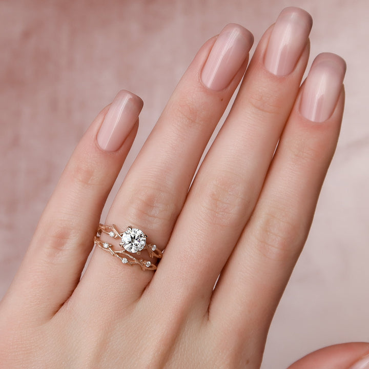 The Textured Coco Set With Round Side Stone Moissanite#material_14k-rose