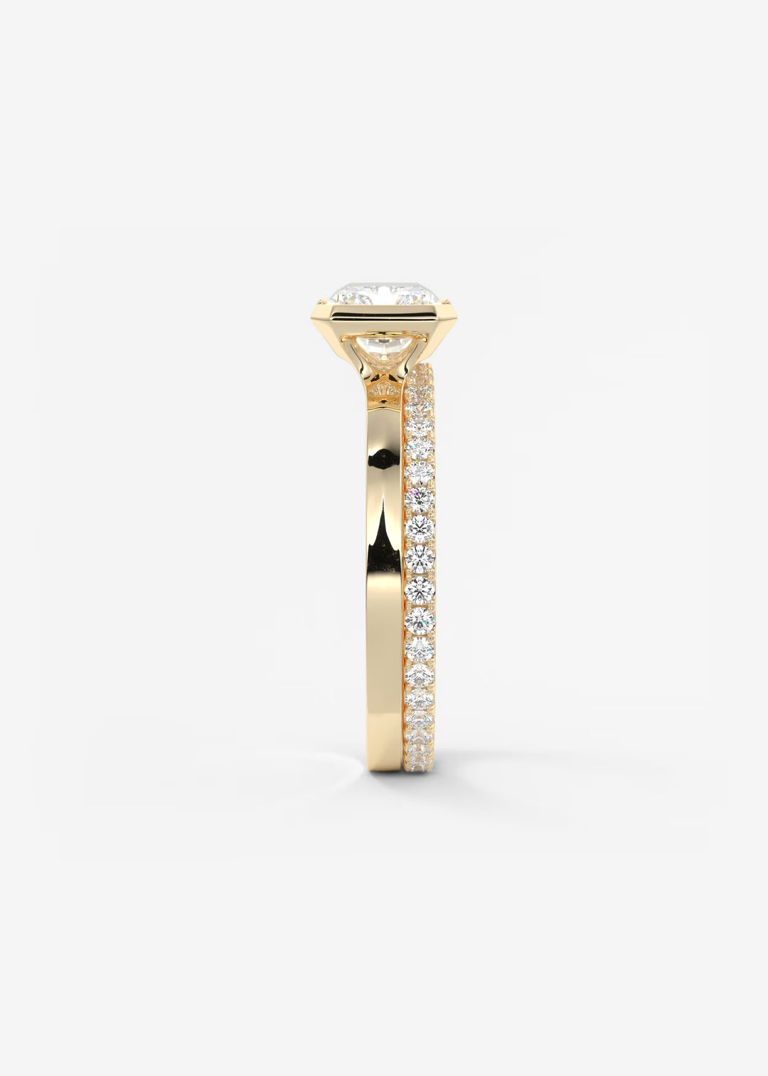 The Vela East West Radiant Cut Engagement Ring with Half Bezel#material_gold