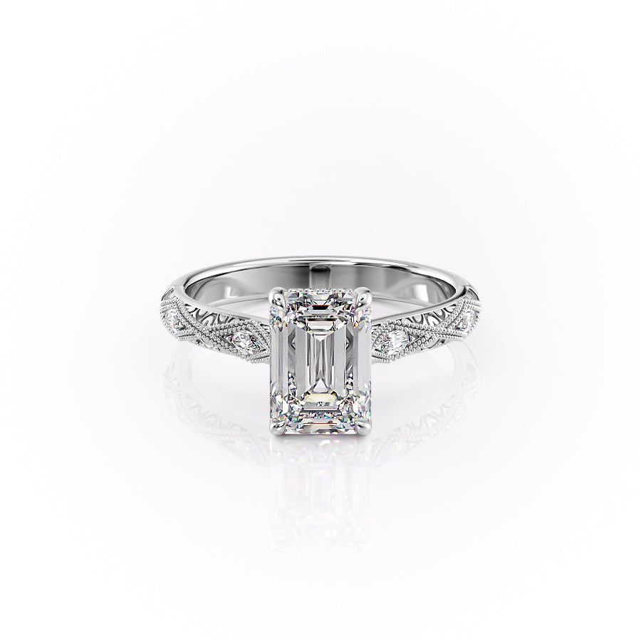 The Vivian Set With A Emerald Vintage Lab Diamond 1 Carat 14K White#material_14k-white