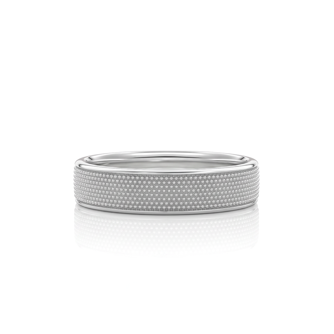 A silver-toned band ring with a textured, diamond-paved outer surface and a smooth polished inner band, shown on a clean white background with a soft reflection below.#material_white
