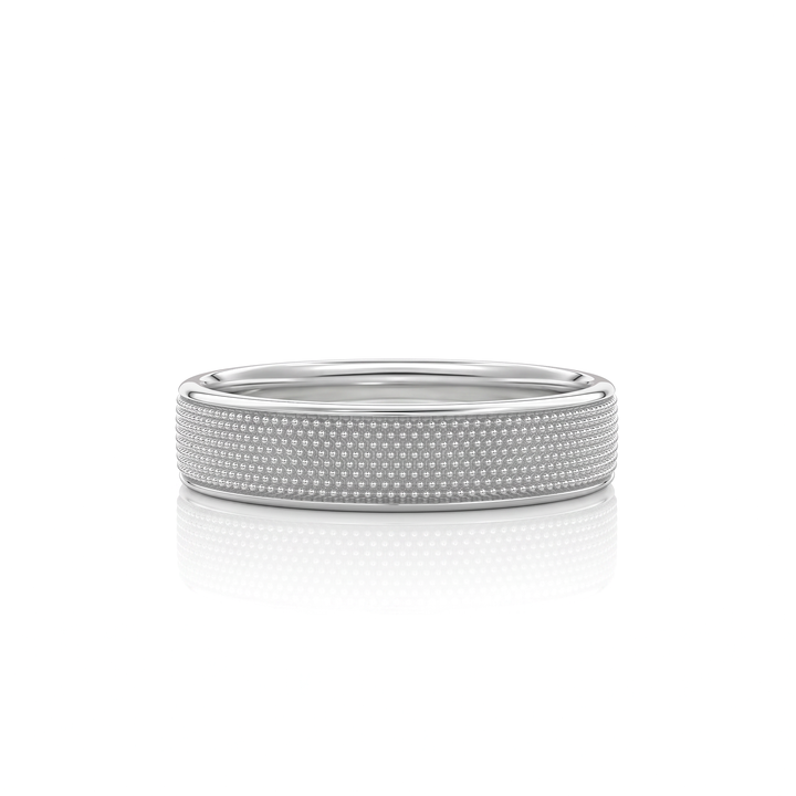 A silver-toned band ring with a textured, diamond-paved outer surface and a smooth polished inner band, shown on a clean white background with a soft reflection below.#material_white